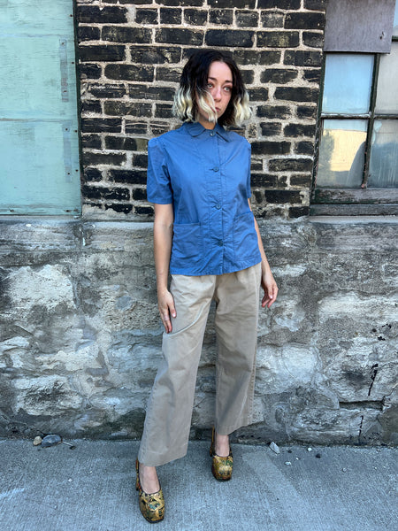 Vintage 1940's Women's Herringbone Twill Button Up Short Sleeve Blouse, United Garment Workers WW2 Era