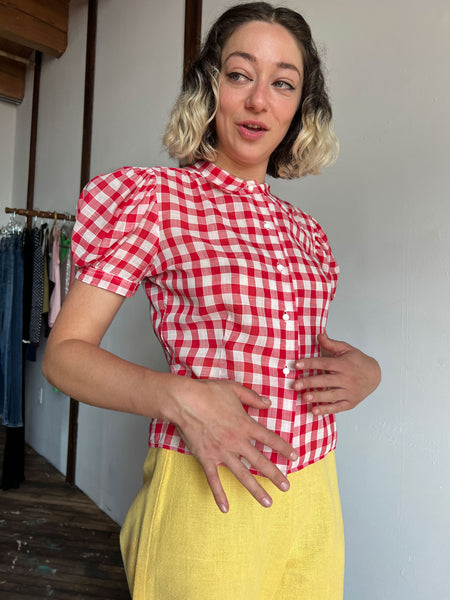 Vintage 1930's Red and White Checked Puff Sleeve Blouse