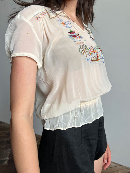 Vintage 1930's 1940's Embroidered Crepe Blouse