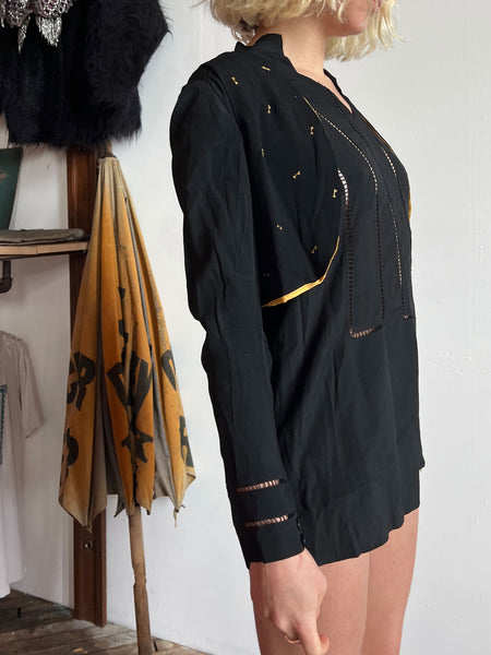 Antique 1920's Women's Silk Blouse with Metal Key Details, Two Piece Blouse and Vest Set, 20's