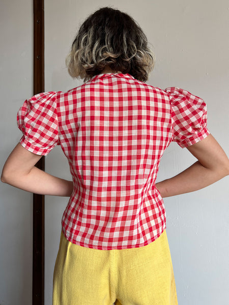 Vintage 1930's Red and White Checked Puff Sleeve Blouse