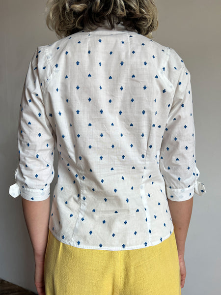 Vintage 1940's Novelty Print Blouse, Embroidered Cards