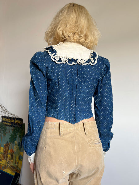 Antique 1890s-1900's Swiss Dot Indigo Bodice / Calico Blouse with Ruffles