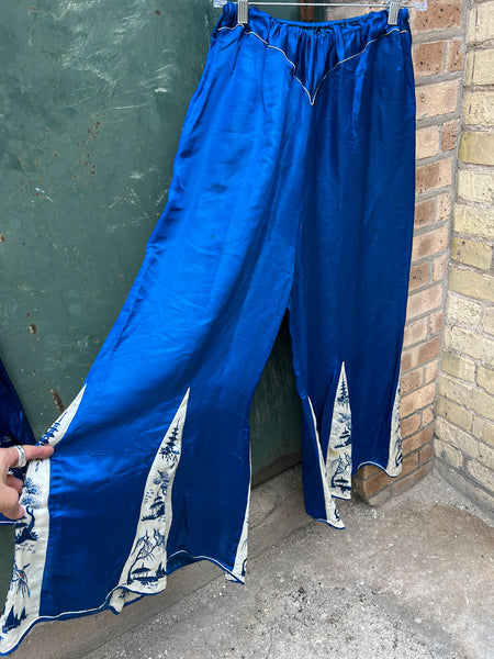 Antique 1920's Blue Silk Satin Three Piece Loungewear Set