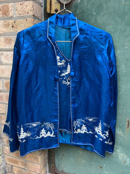 Antique 1920's Blue Silk Satin Three Piece Loungewear Set