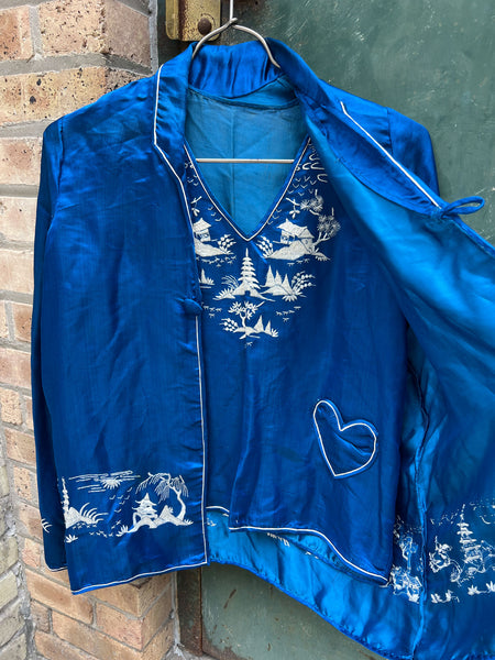 Antique 1920's Blue Silk Satin Three Piece Loungewear Set