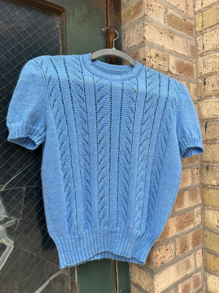 Vintage 1940's - 50's Blue Cashmere Hand Knit Short Sleeve Sweater