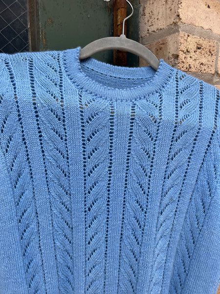 Vintage 1940's - 50's Blue Cashmere Hand Knit Short Sleeve Sweater
