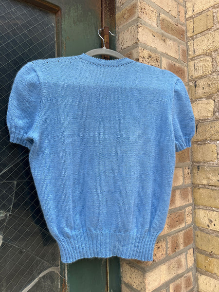 Vintage 1940's - 50's Blue Cashmere Hand Knit Short Sleeve Sweater