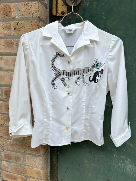 Rare Vintage 1950's Mid Century Cat Blouse and Velvet Appliqué Pants Set