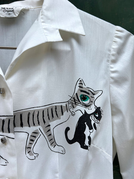 Rare Vintage 1950's Mid Century Cat Blouse and Velvet Appliqué Pants Set