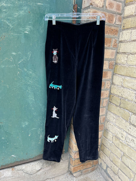 Rare Vintage 1950's Mid Century Cat Blouse and Velvet Appliqué Pants Set