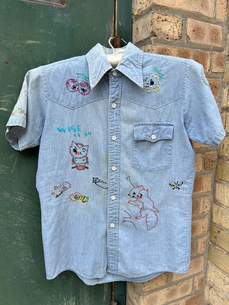 Vintage 1970's Embroidered Vitamin Parade Chambray Button Down