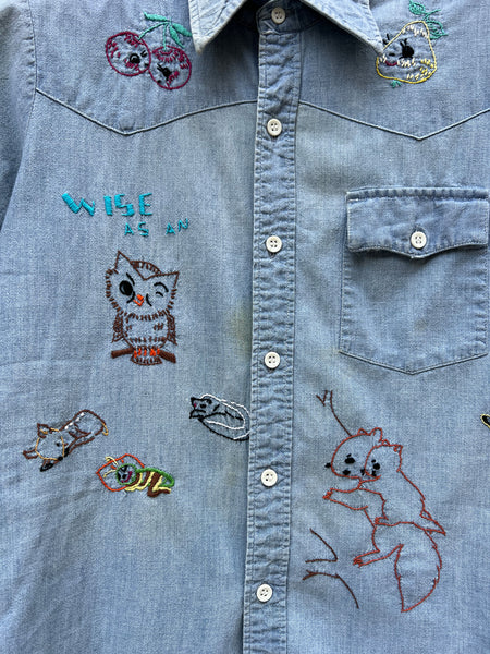 Vintage 1970's Embroidered Vitamin Parade Chambray Button Down