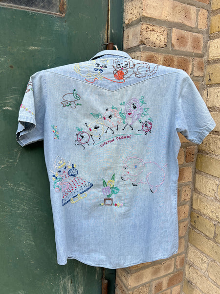 Vintage 1970's Embroidered Vitamin Parade Chambray Button Down