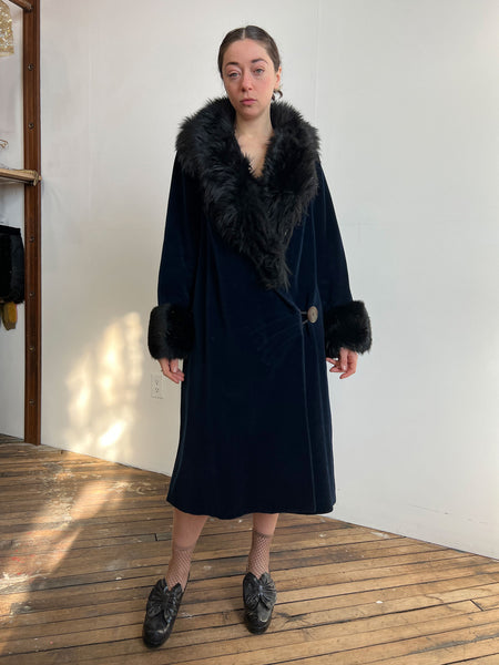 Antique Early Vintage 1920's Navy Blue Flapper Coat with Fur Trim