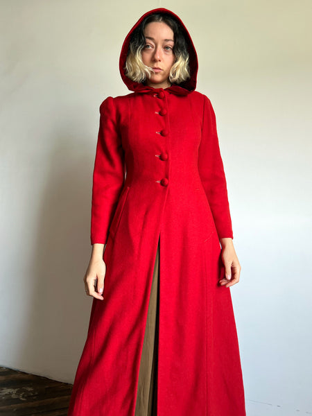 Vintage 1930's Red Hooded Coat, Wool and Velvet