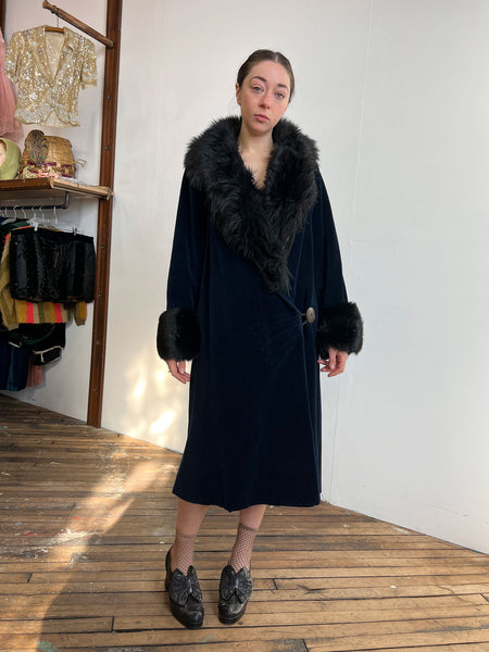 Antique Early Vintage 1920's Navy Blue Flapper Coat with Fur Trim