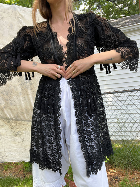Antique Late 1800's Black Woven Net Open Hanging Top