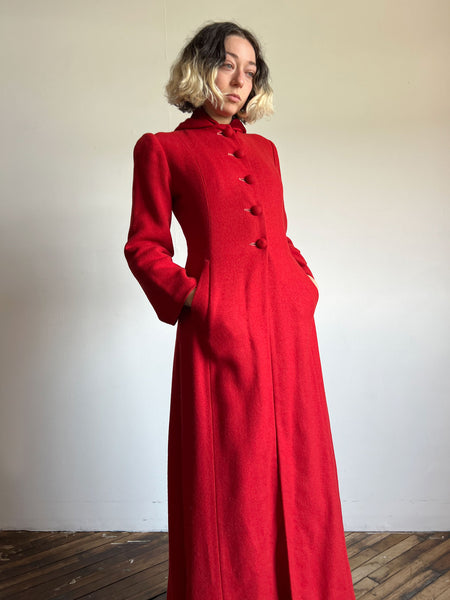 Vintage 1930's Red Hooded Coat, Wool and Velvet