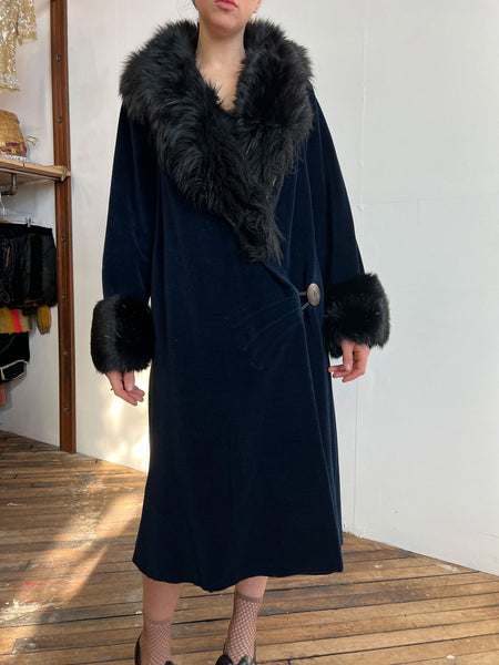 Antique Early Vintage 1920's Navy Blue Flapper Coat with Fur Trim