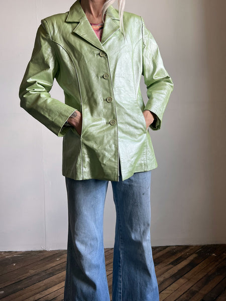 Vintage 1990's Metallic Green Leather Coat, 90's - Y2K