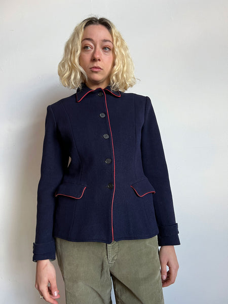 Vintage 1930's - 40's Navy Blue Wool Coat Lined in Feedsack