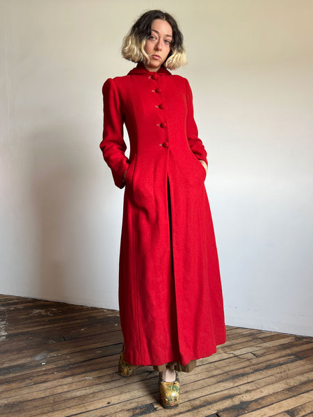 Vintage 1930's Red Hooded Coat, Wool and Velvet