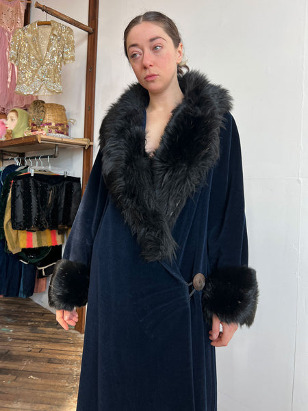 Antique Early Vintage 1920's Navy Blue Flapper Coat with Fur Trim