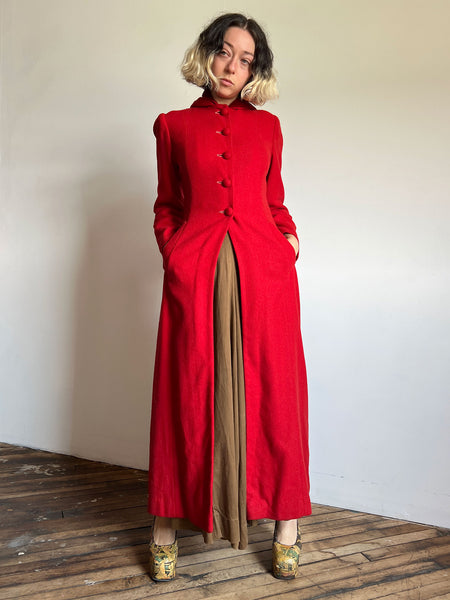 Vintage 1930's Red Hooded Coat, Wool and Velvet