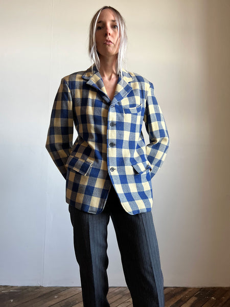 Vintage 1930's 1940's Blue and Cream Checkered Blazer, Jacket Sportswear, 30's 40's Unisex