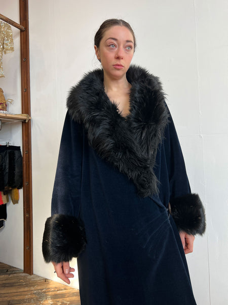 Antique Early Vintage 1920's Navy Blue Flapper Coat with Fur Trim