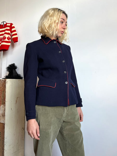 Vintage 1930's - 40's Navy Blue Wool Coat Lined in Feedsack