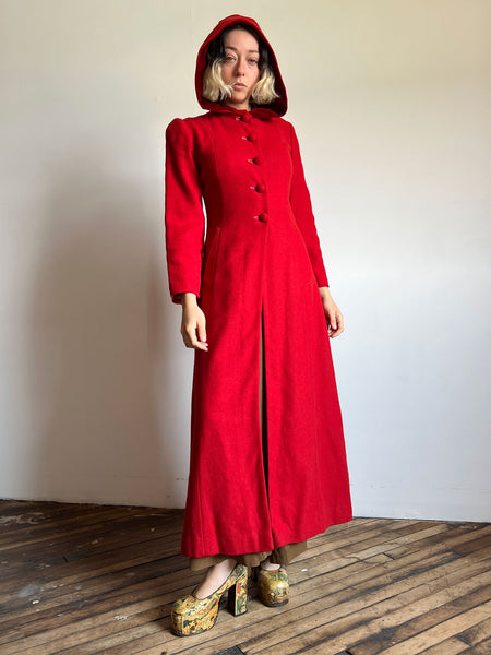 Vintage 1930's Red Hooded Coat, Wool and Velvet