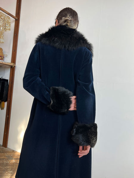 Antique Early Vintage 1920's Navy Blue Flapper Coat with Fur Trim