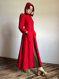 Vintage 1930's Red Hooded Coat, Wool and Velvet