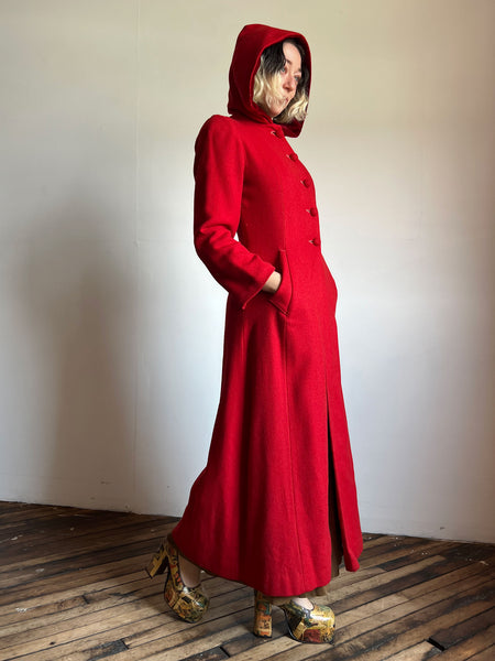 Vintage 1930's Red Hooded Coat, Wool and Velvet