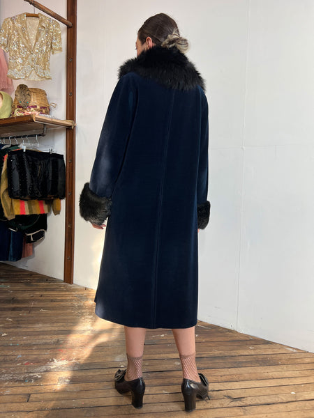 Antique Early Vintage 1920's Navy Blue Flapper Coat with Fur Trim
