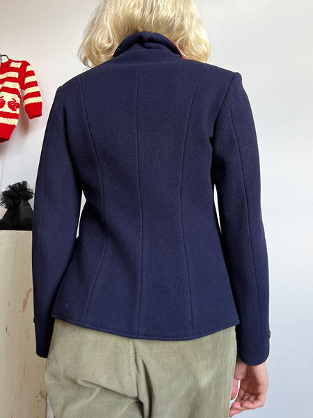 Vintage 1930's - 40's Navy Blue Wool Coat Lined in Feedsack