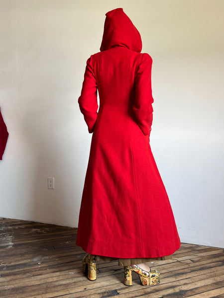Vintage 1930's Red Hooded Coat, Wool and Velvet