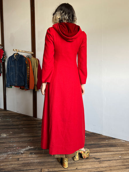 Vintage 1930's Red Hooded Coat, Wool and Velvet