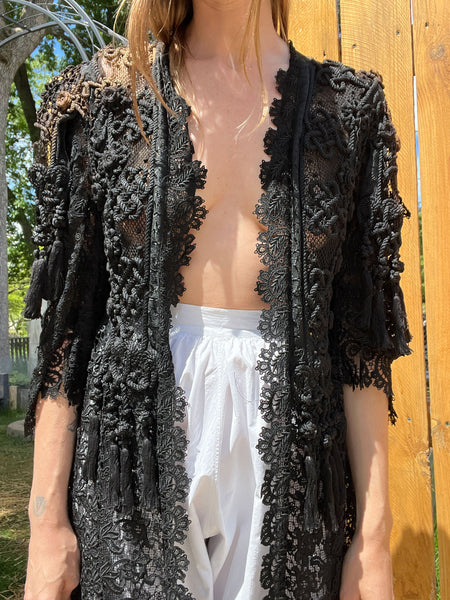 Antique Late 1800's Black Woven Net Open Hanging Top