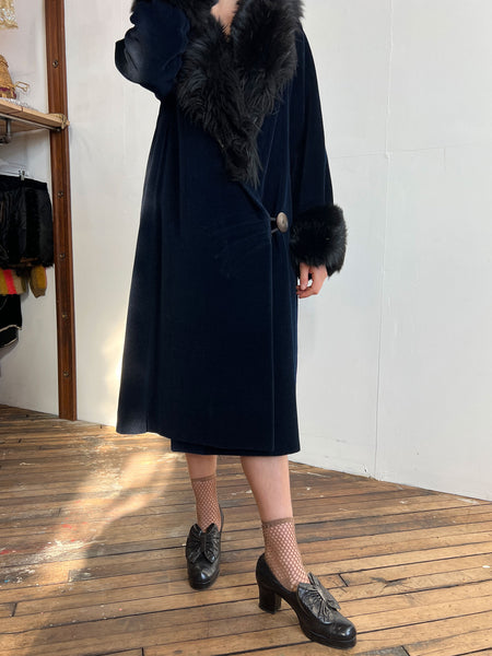 Antique Early Vintage 1920's Navy Blue Flapper Coat with Fur Trim
