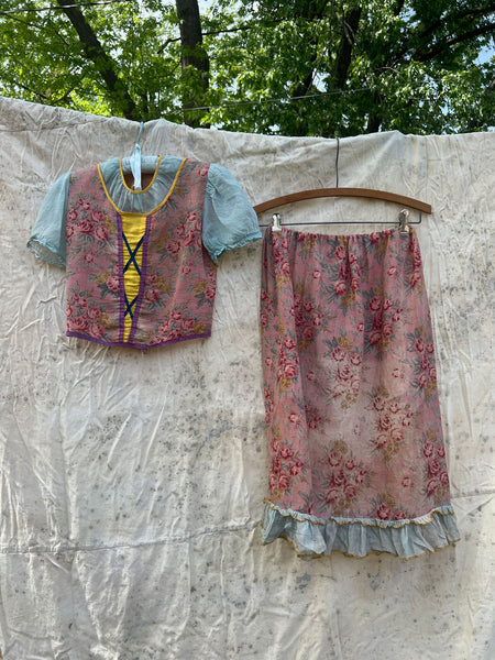 Antique 1920's Floral Printed Two Piece Blouse and Skirt Costume Set