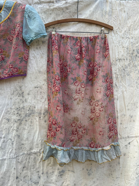 Antique 1920's Floral Printed Two Piece Blouse and Skirt Costume Set