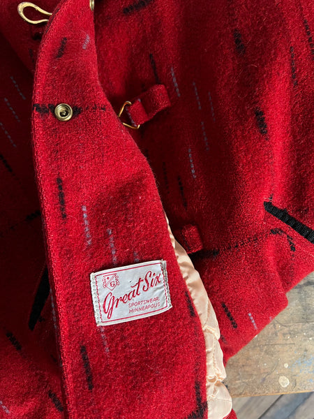 Vintage 1940's 1950's Red and Black Flecked Outerwear Jacket, Menswear by Great Six Sportswear, Minneapolis, 50's