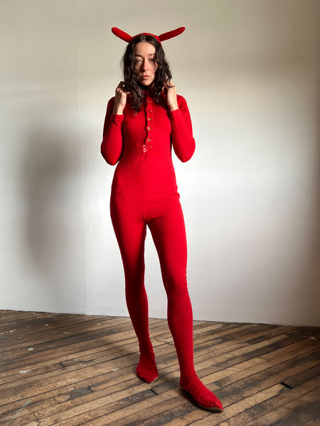 Vintage 1930's Red Wool Devil Costume, Hand Made, Button Up Jumpsuit