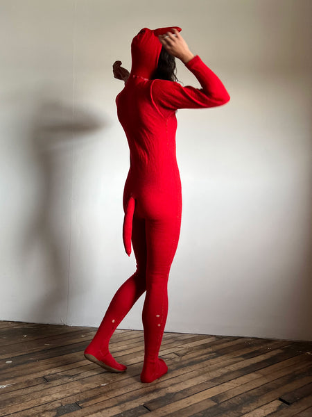 Vintage 1930's Red Wool Devil Costume, Hand Made, Button Up Jumpsuit