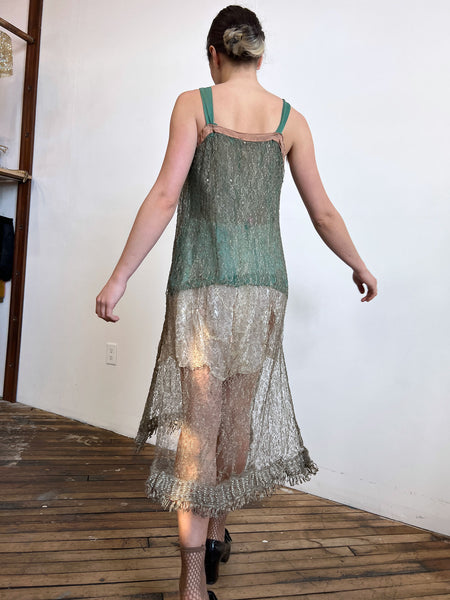 Vintage 1920's Metallic Flapper Dress with Beadwork