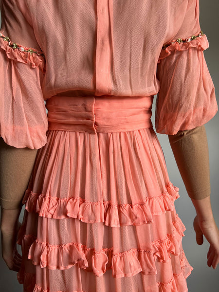 Early Vintage 1920's Peach Pink Silk Chiffon Dress